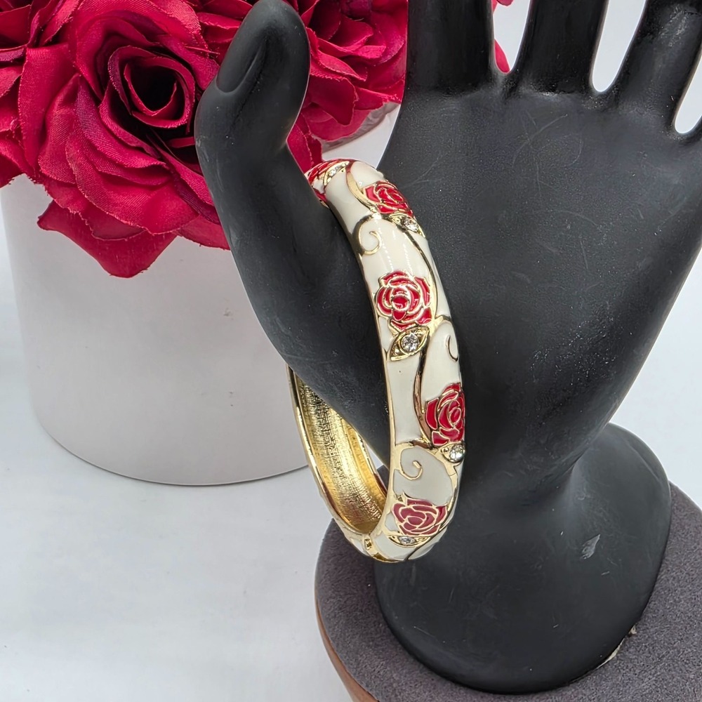 JTF‎ Enamel Rose Hinged Bangle Bracelet Gold Tone Cream Red Crystals Estate
